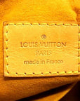 Louis Vuitton Paris made in France heat stamp on tan leather interior of a Monogram Denim Baggy PM.
