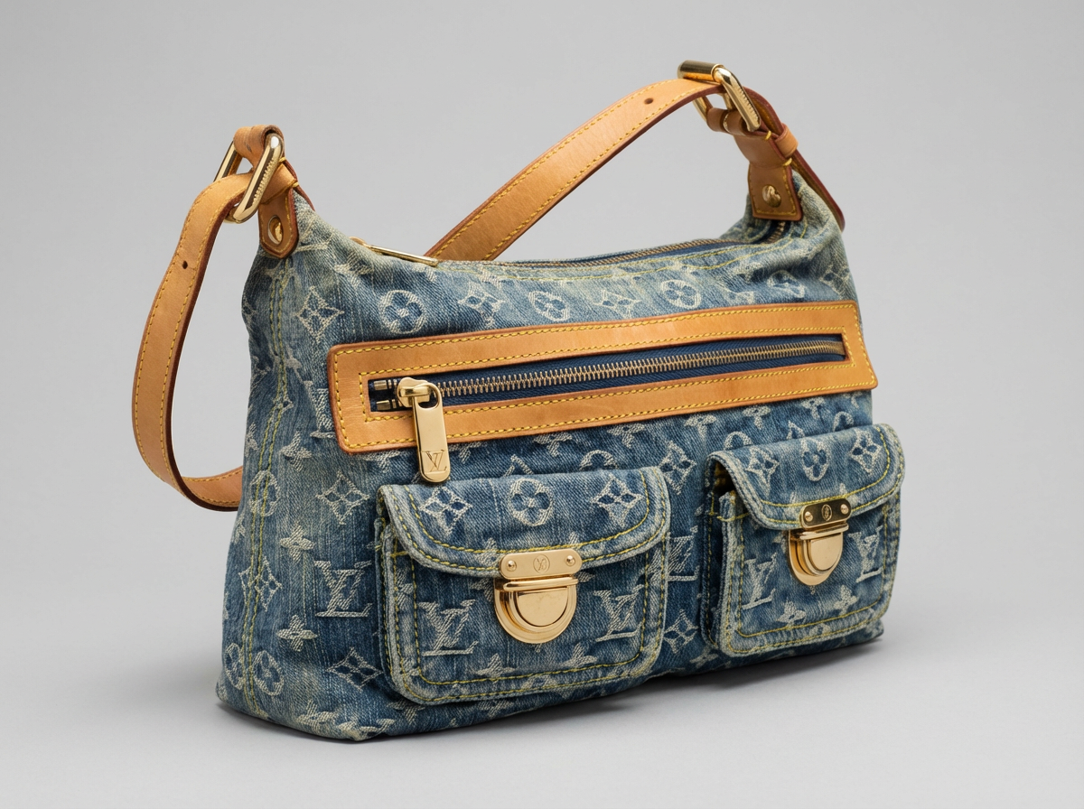 Louis Vuitton Monogram Denim Baggy PM shoulder bag in blue washed denim with tan leather trim and gold hardware.